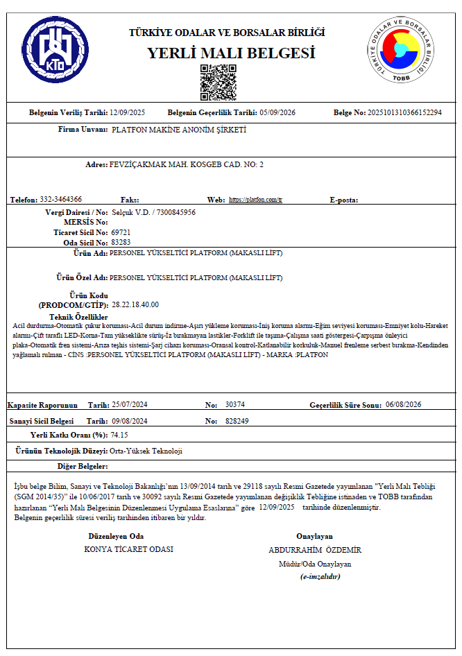 Personel Yükseltici Platform Yerli Malı Belgesi (MakaslıLift)