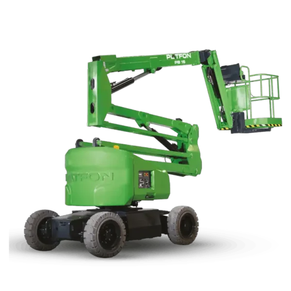 Platfon PB16 electric articulating boom lift reaching up and over obstacles